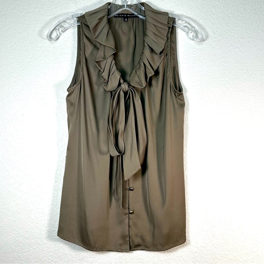 Antonio Melani Button Down Sleeveless Ruffle Pleat Neck Silk Blouse‎ Sz XS